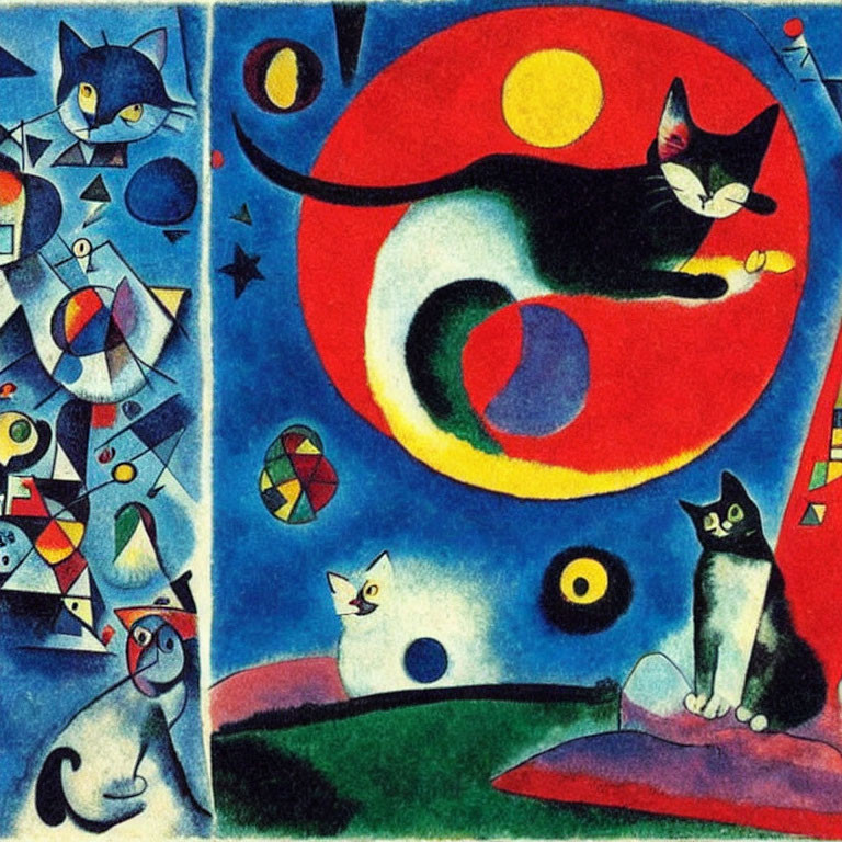 Whimsical Cats in Vibrant Abstract Painting