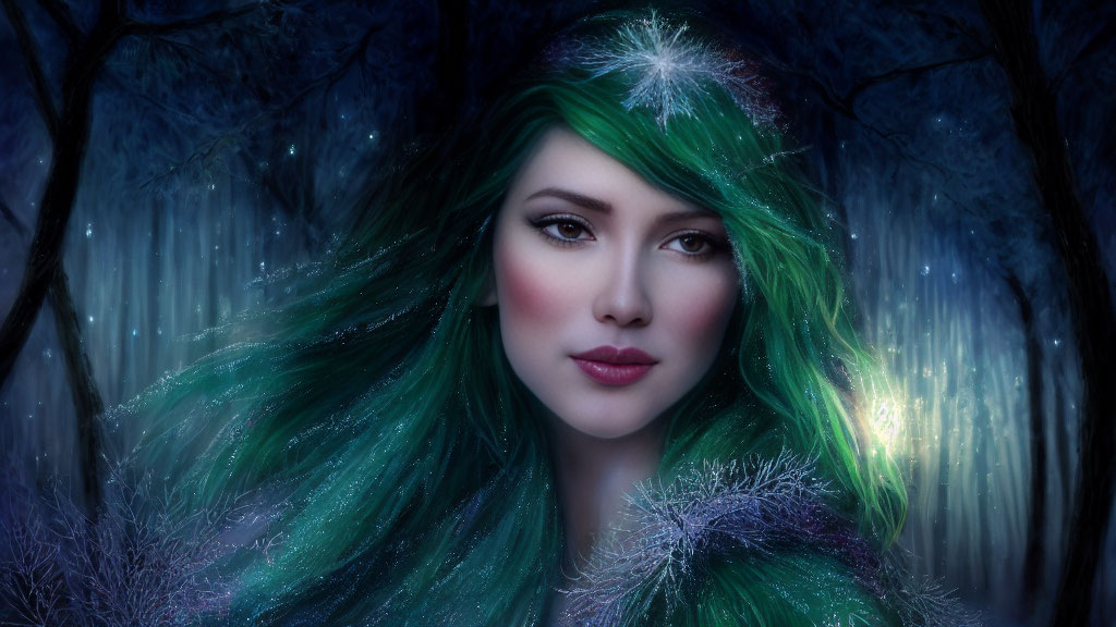 Digital artwork: Woman with green hair in enchanted winter forest
