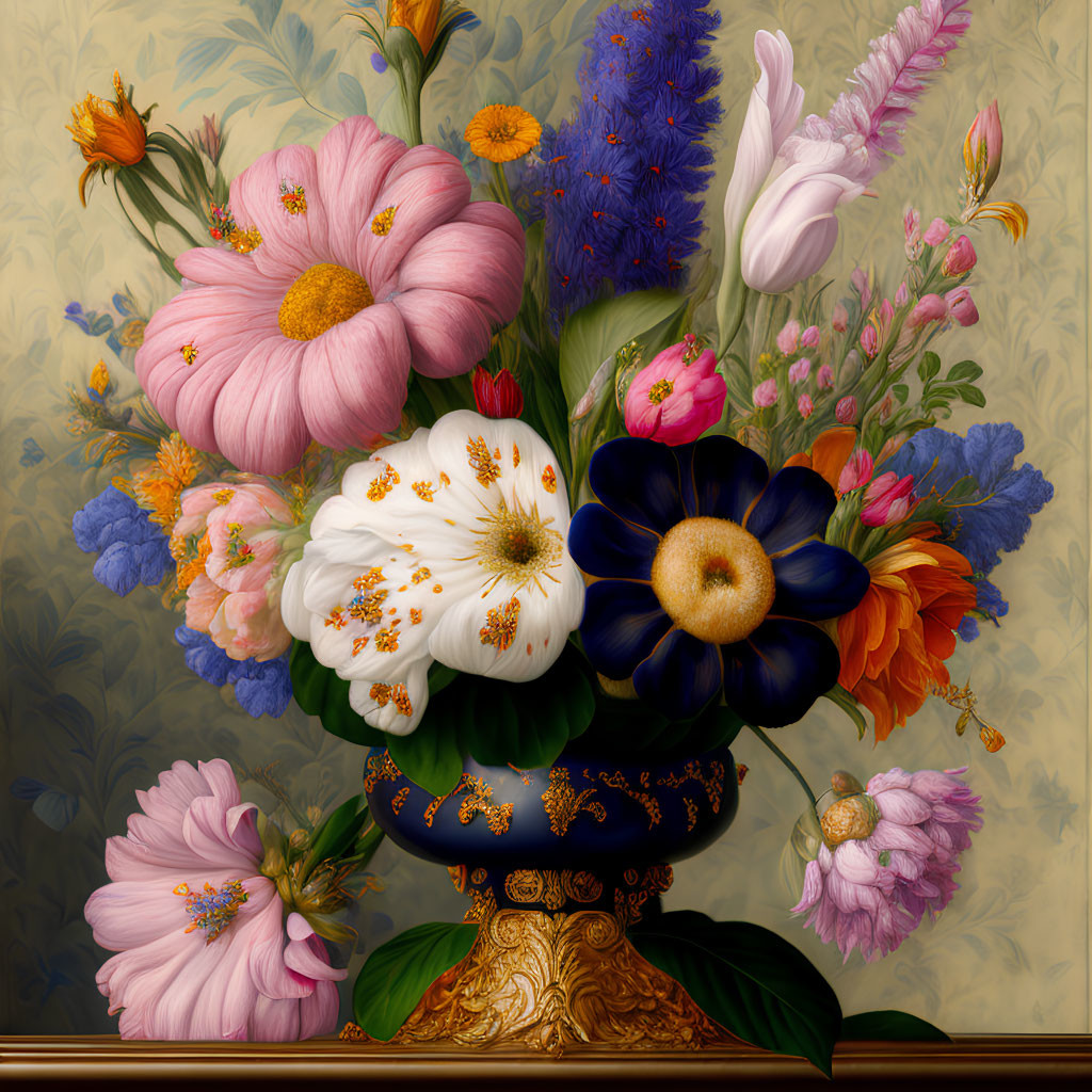 Colorful bouquet in decorative vase on patterned background