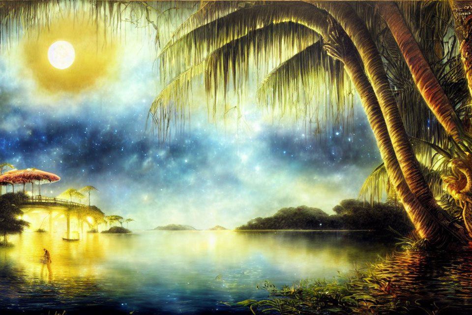 Surreal tropical night landscape with glowing moon and serene lake