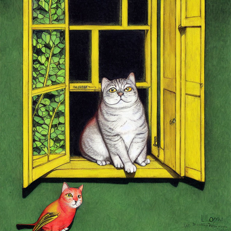 Plump grey and white cat by yellow window with green walls and red cat figurine