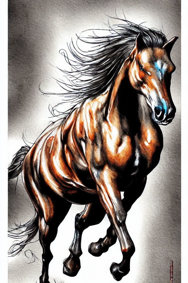 Majestic horse illustration: dynamic motion, muscular details, chestnut coat