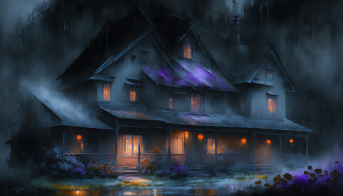 Cozy house pumpkin on porch, gloomy atmosphere...