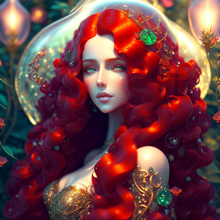 Digital artwork: Woman with red hair, blue eyes, gold garment & glowing orbs