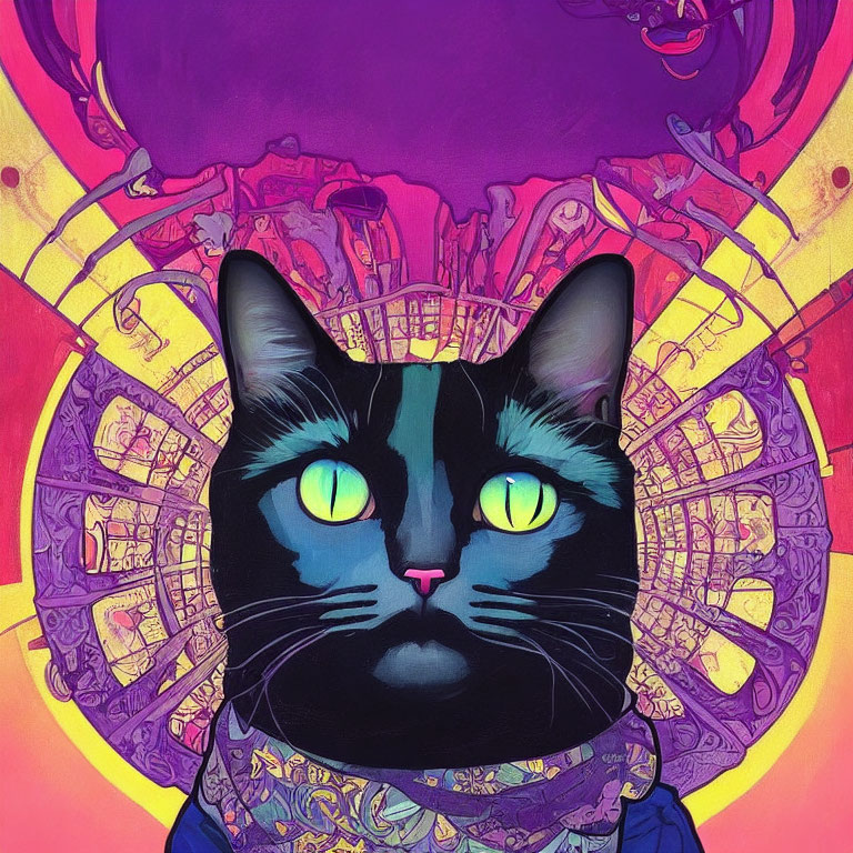 Colorful Black Cat Illustration with Blue and Yellow Eyes on Psychedelic Background