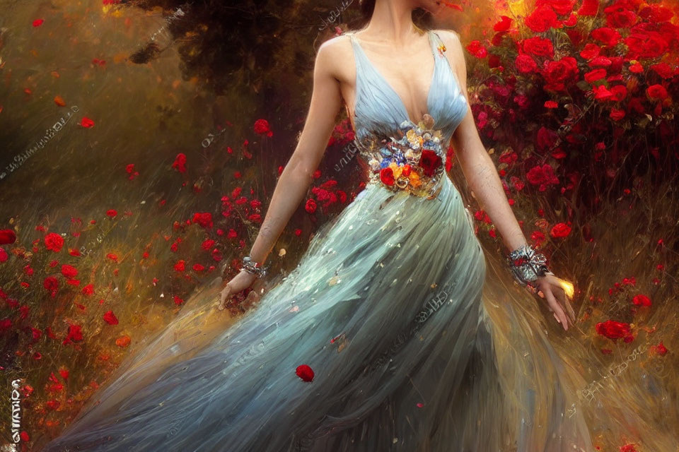 Woman in Blue Dress Walking Through Dreamlike Garden of Red Roses