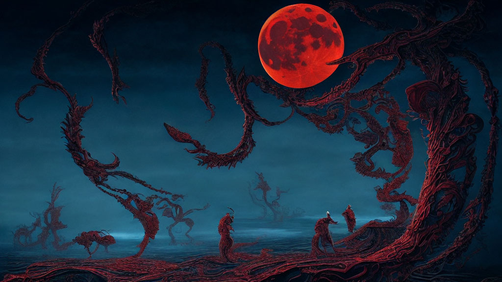 Fantastical crimson moon illuminates dark landscape with red trees and silhouetted figures