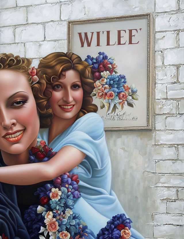 Vintage style portrait of two women embracing with flowers against brick wall