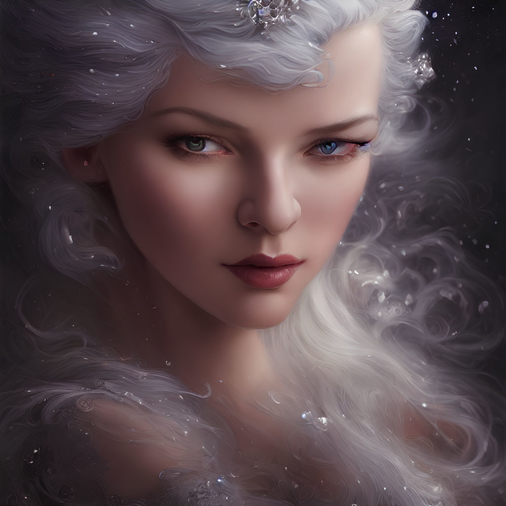 Digital portrait of woman with pale skin, blue eyes, white hair, jewels, celestial background