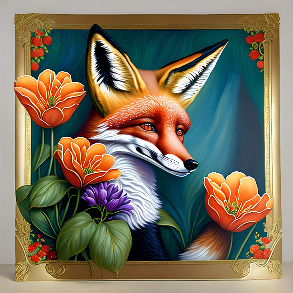 Fox portrait with orange flowers and greenery in golden frame
