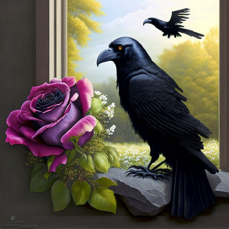 Detailed Artwork: Purple Rose, Black Raven, Flying Bird, Autumn Trees