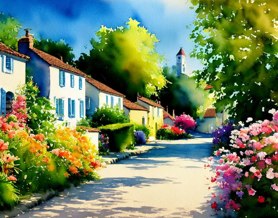Colorful watercolor painting of a sunny street with flowers and white houses