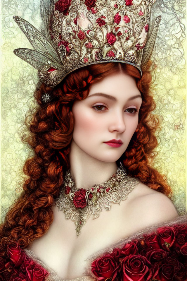 Portrait of Woman with Auburn Curls and Elaborate Crown in Red Rose Garment