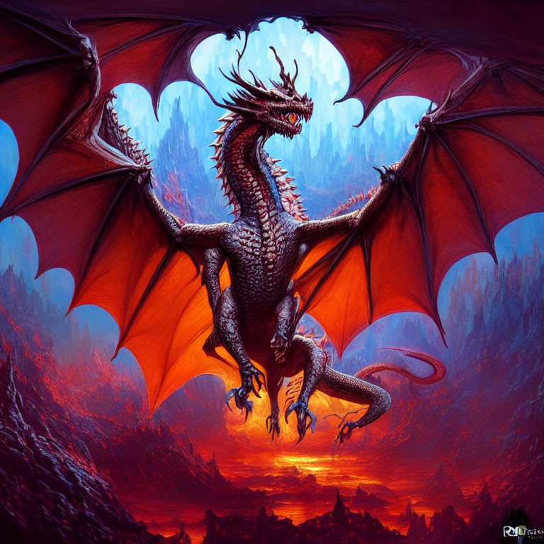 Majestic dragon with spread wings in red skies and dark mountains