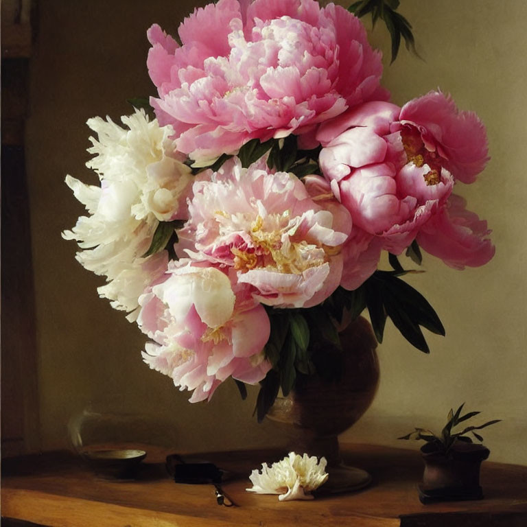 Colorful Still Life Painting with Pink and White Peonies and Bonsai