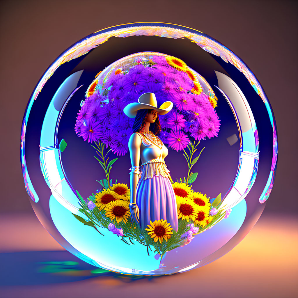 Woman in white dress and hat surrounded by purple and sunflowers in transparent bubble