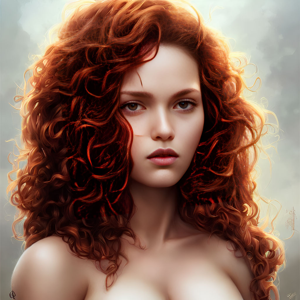 Vivid digital portrait of a woman with curly red hair