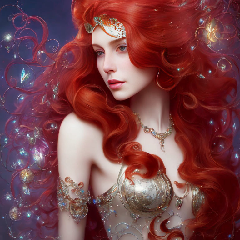 Portrait of woman with red hair, jewelry, bubbles, and butterflies