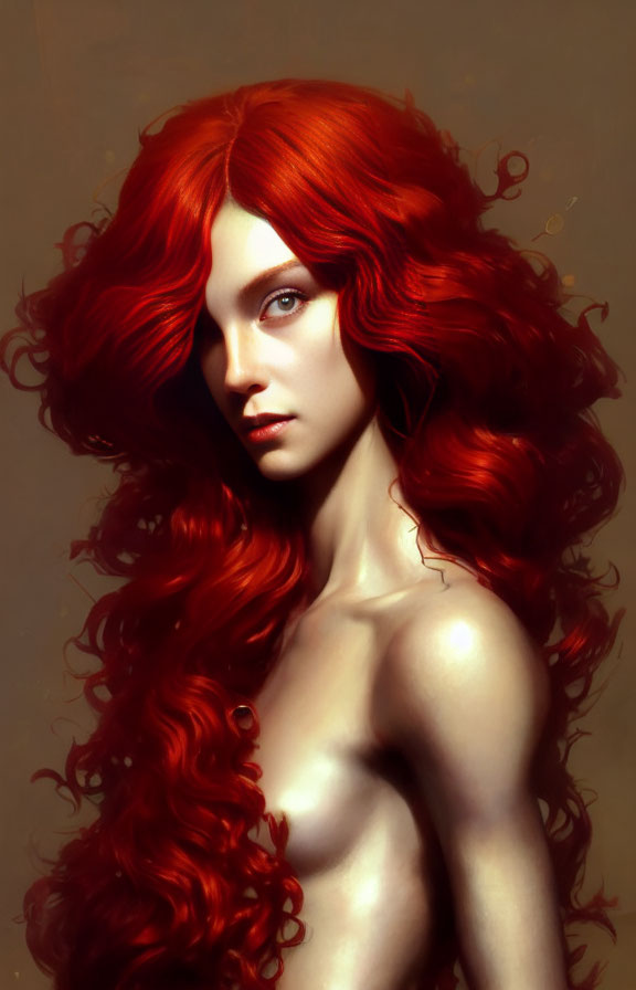 Digital artwork: Woman with flowing red hair and fair skin, serene expression
