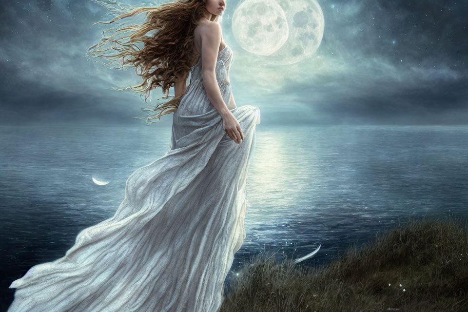 Woman in flowing gown on cliff overlooking sea under moonlit sky