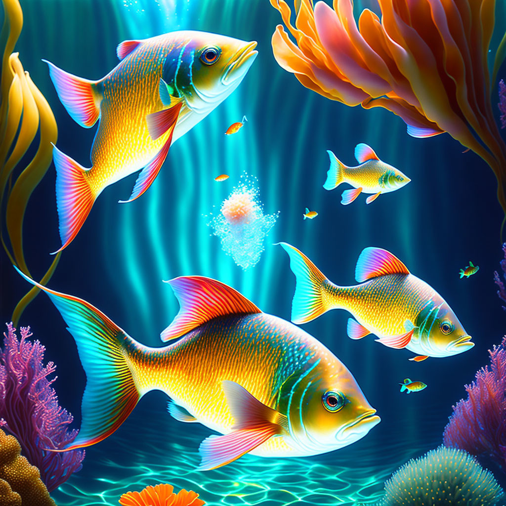 Colorful underwater illustration: Golden fish among vibrant coral reefs