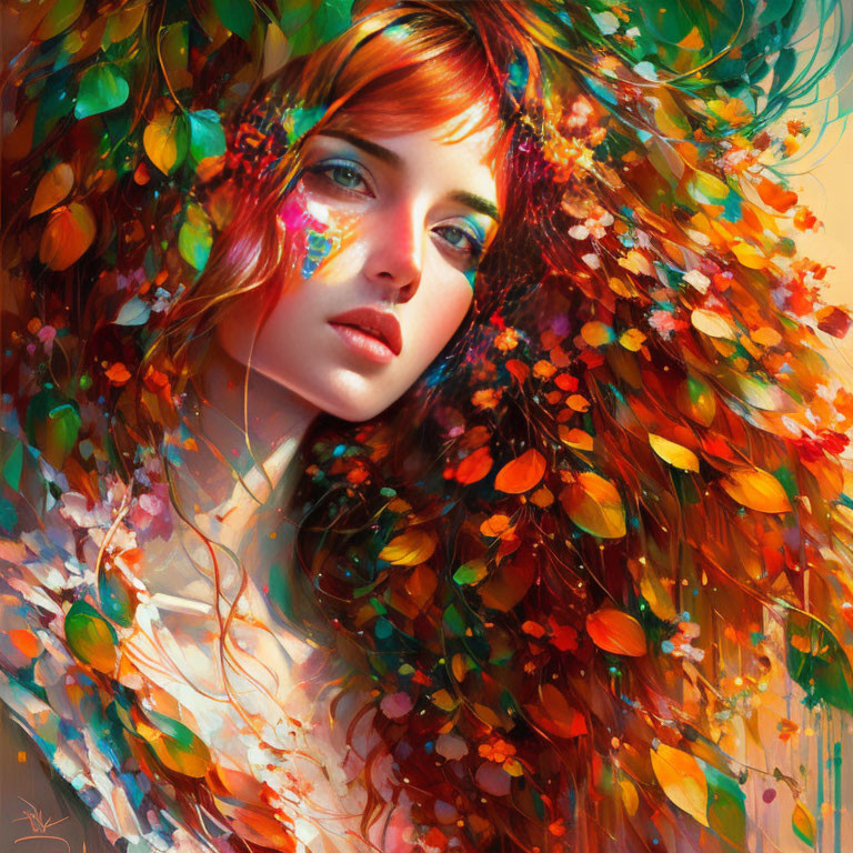 Colorful portrait of woman with flowing hair and autumn leaves for a whimsical feel