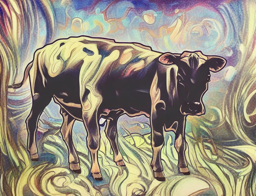 Colorful surreal cow art with swirling background.