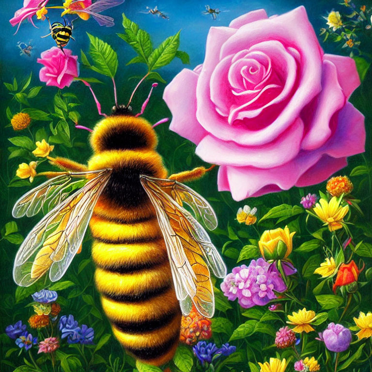 Detailed Illustration of Large Bee, Delicate Wings, Pink Rose, and Colorful Garden