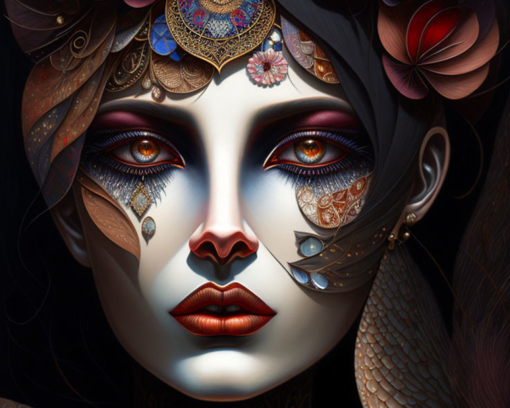 Detailed digital portrait of woman with decorated skin and ornate headpiece.