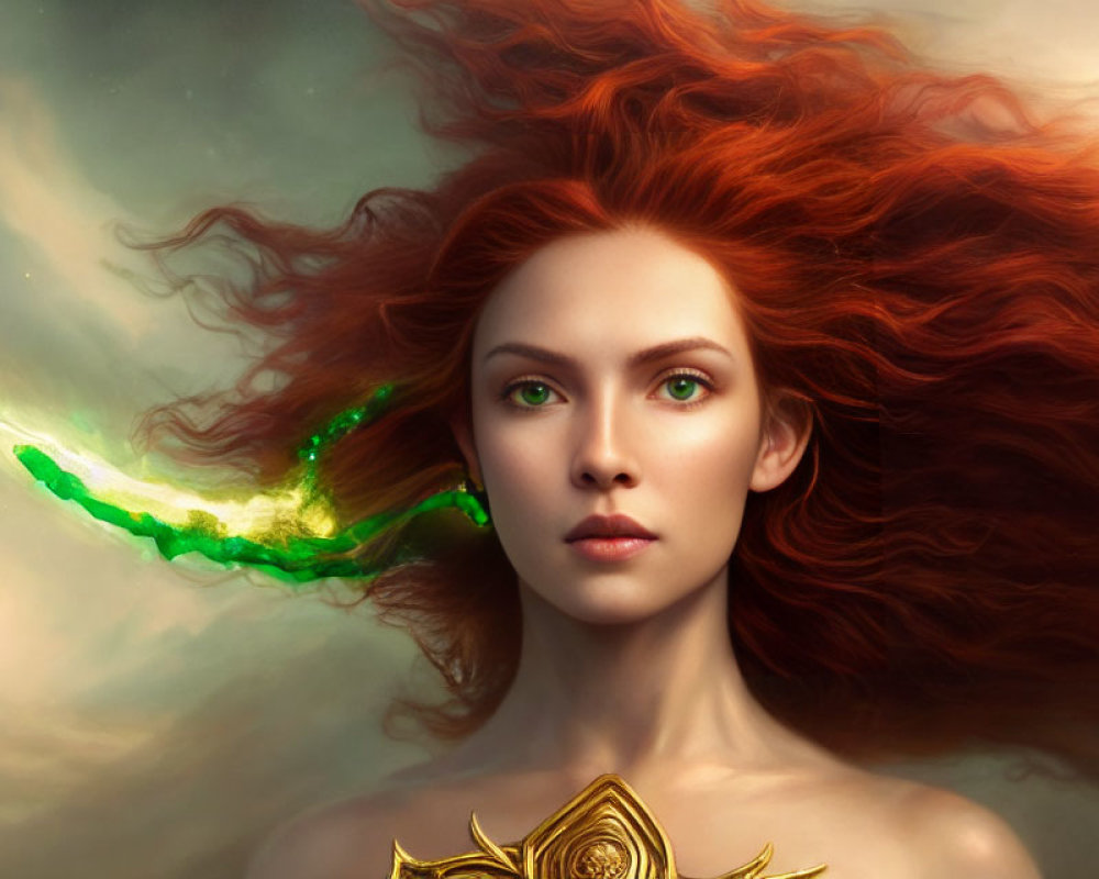 Digital painting: Woman with flowing red hair and green eyes in mystical green light