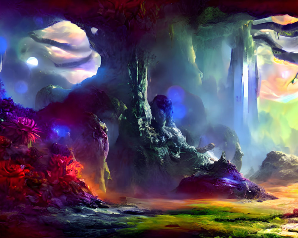 Surreal landscape with luminescent flora and misty waterfalls