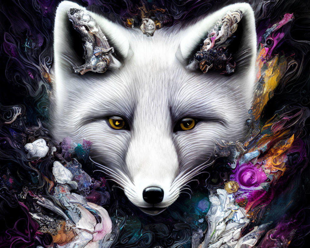 White Fox Face with Yellow Eyes Surrounded by Cosmic Colors