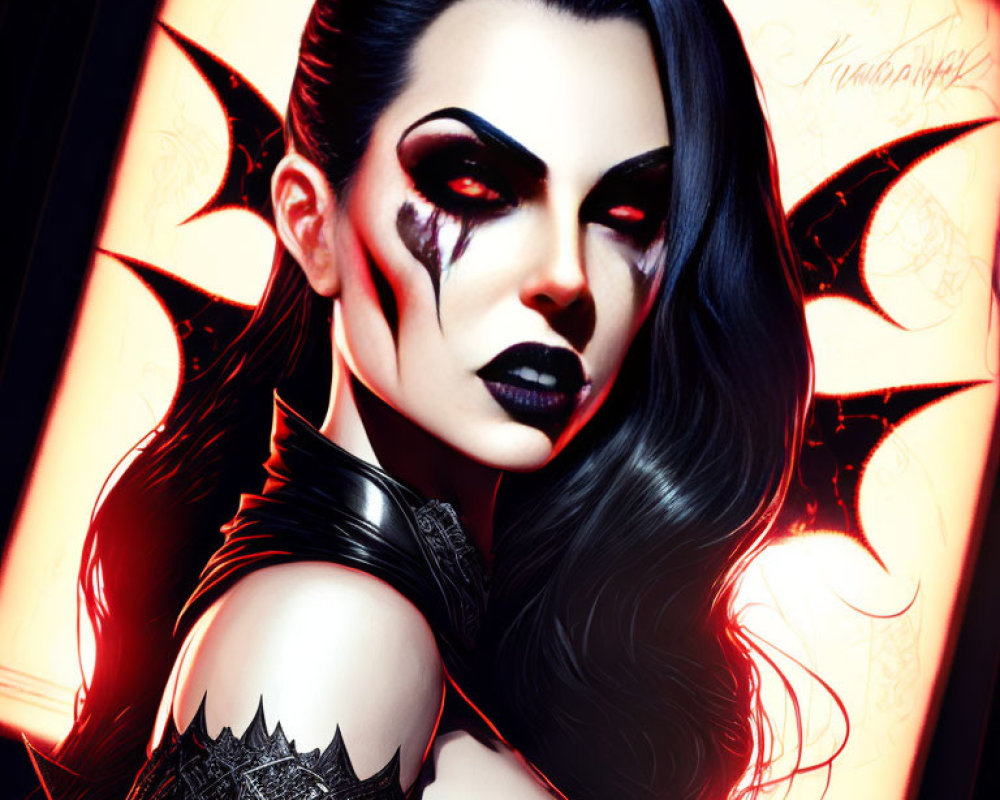 Dark Gothic Vampire Makeup on Person Against Orange Background