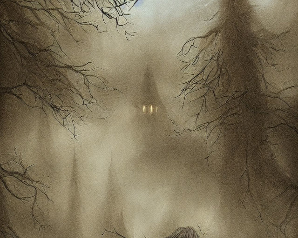 Dark forest scene with full moon, bare trees, glowing eyes, and cloaked figure.