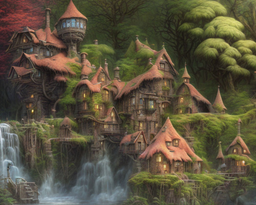 Whimsical fantasy village with thatched-roof houses and waterfalls