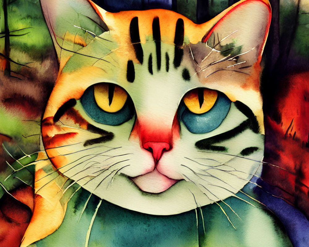 Vibrant cat illustration with yellow eyes and colorful fur on forest background