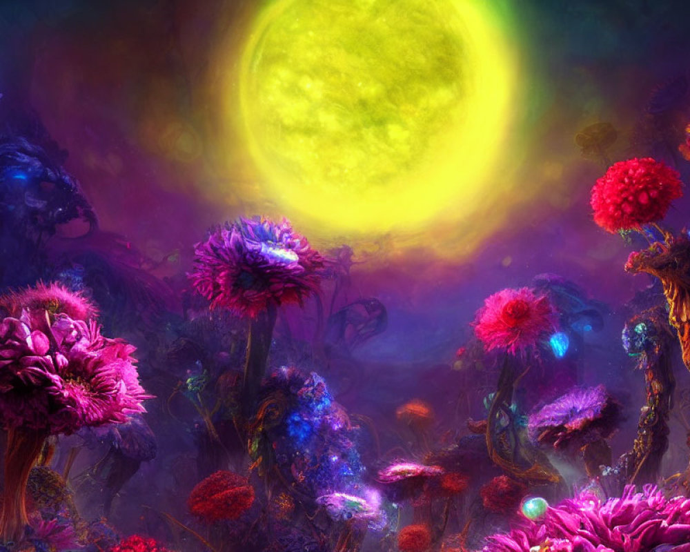 Colorful glowing plants under luminous celestial body in vibrant landscape