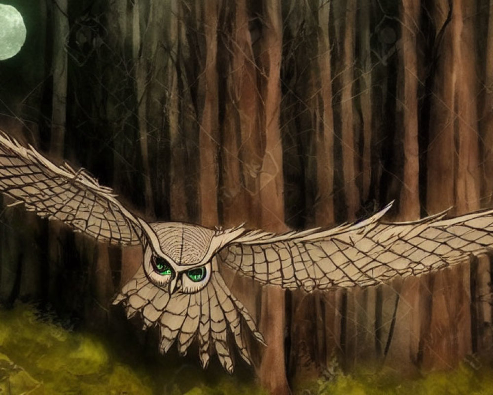 Detailed illustration of owl with large wings in dark forest under full moon