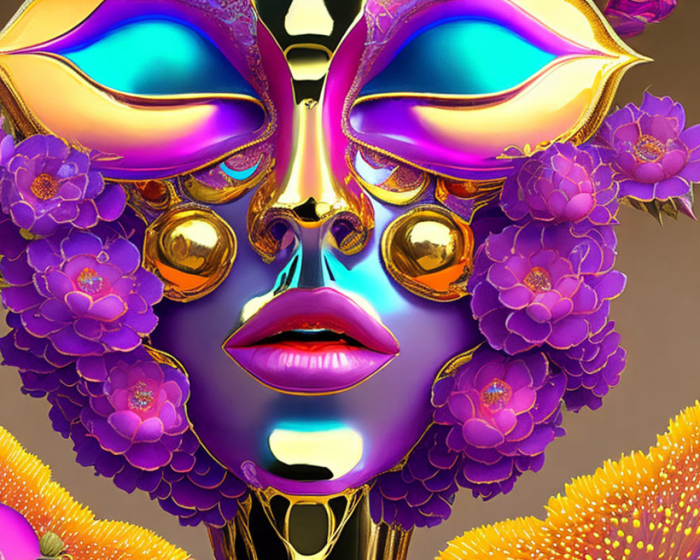Symmetrical digital artwork of mask-like face with purple flowers and gold details