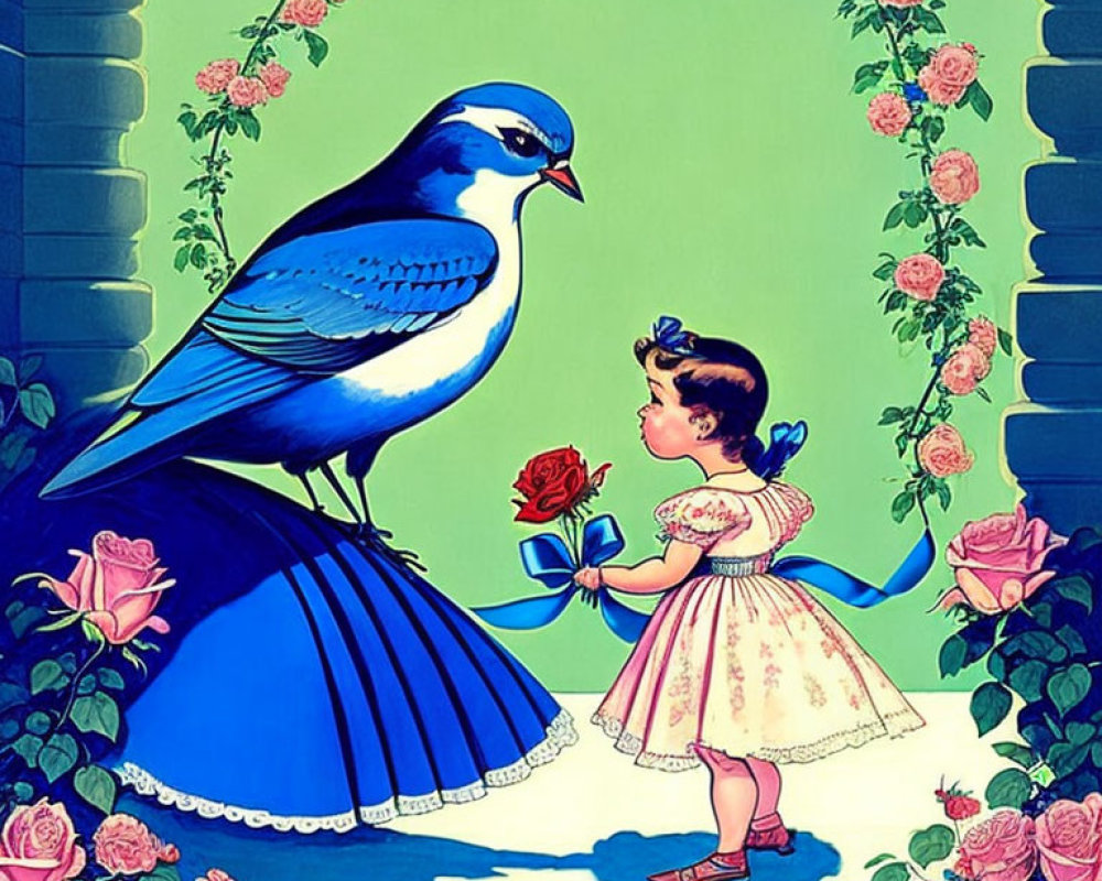 Young girl in pink dress offers flower to giant blue bird in floral setting