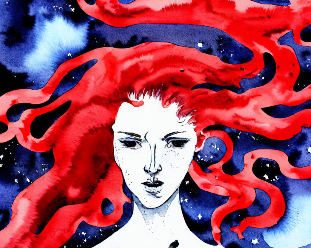 Colorful Watercolor Illustration of Woman with Red Hair on Cosmic Background