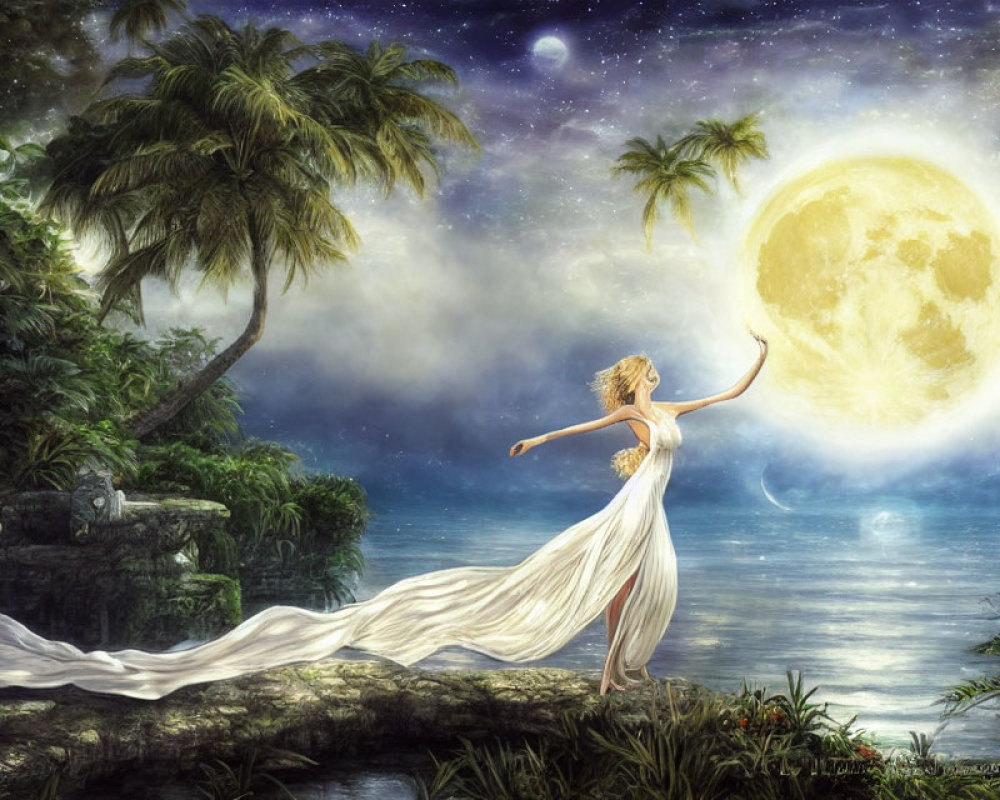 Woman in white dress reaching for moon on tropical coastline