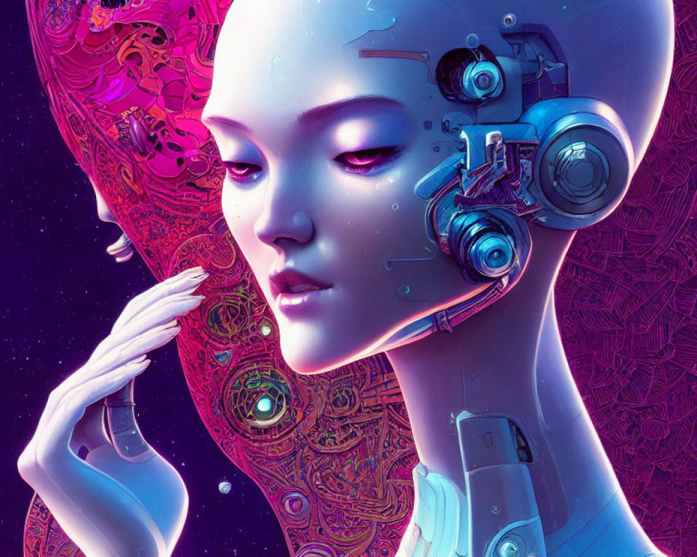 Female android with exposed mechanical parts on purple abstract background
