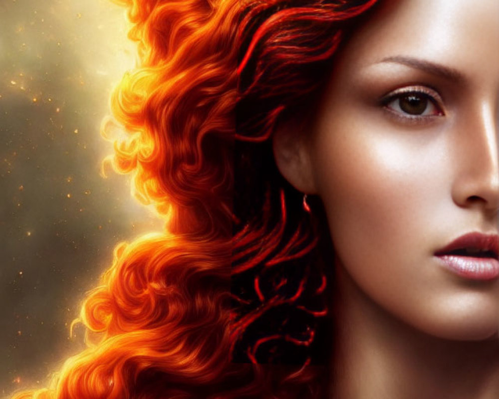 Fiery Red-Haired Woman with Captivating Gaze on Golden Background