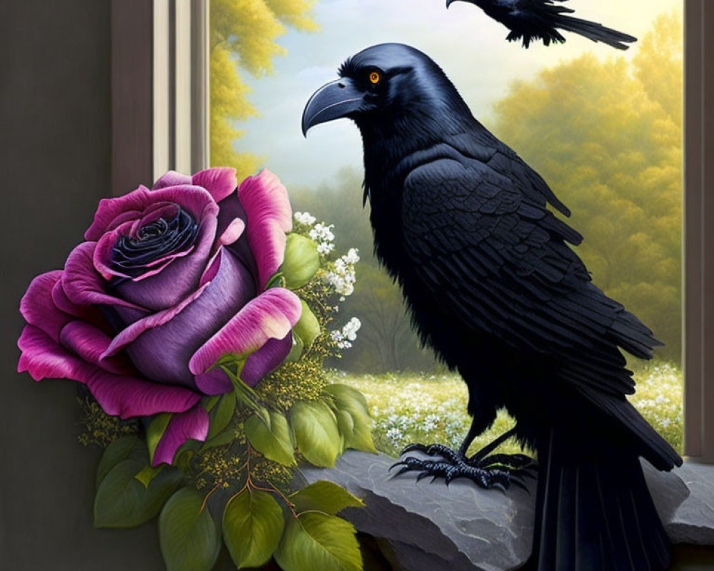 Detailed Artwork: Purple Rose, Black Raven, Flying Bird, Autumn Trees