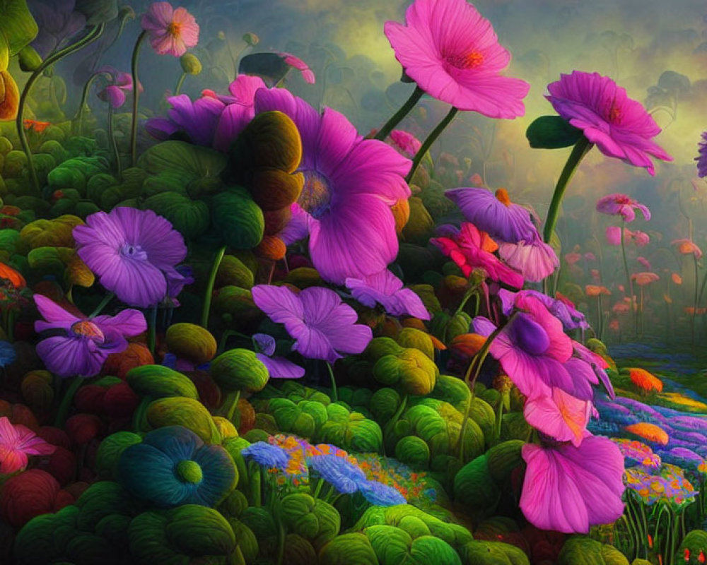 Colorful Oversized Flowers in Surreal Landscape with Enchanted Garden Vibes