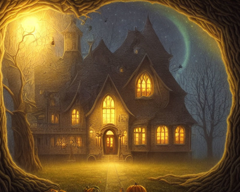 Victorian house in twilight setting with crescent moon and autumn ambiance
