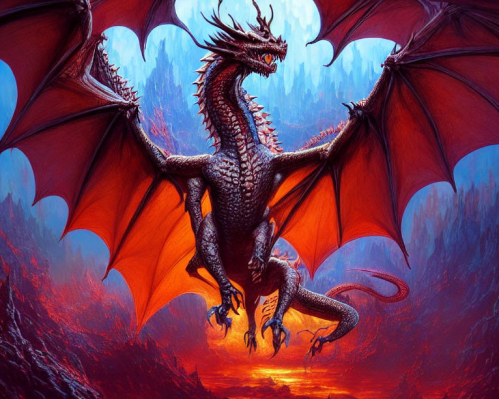 Majestic dragon with spread wings in red skies and dark mountains