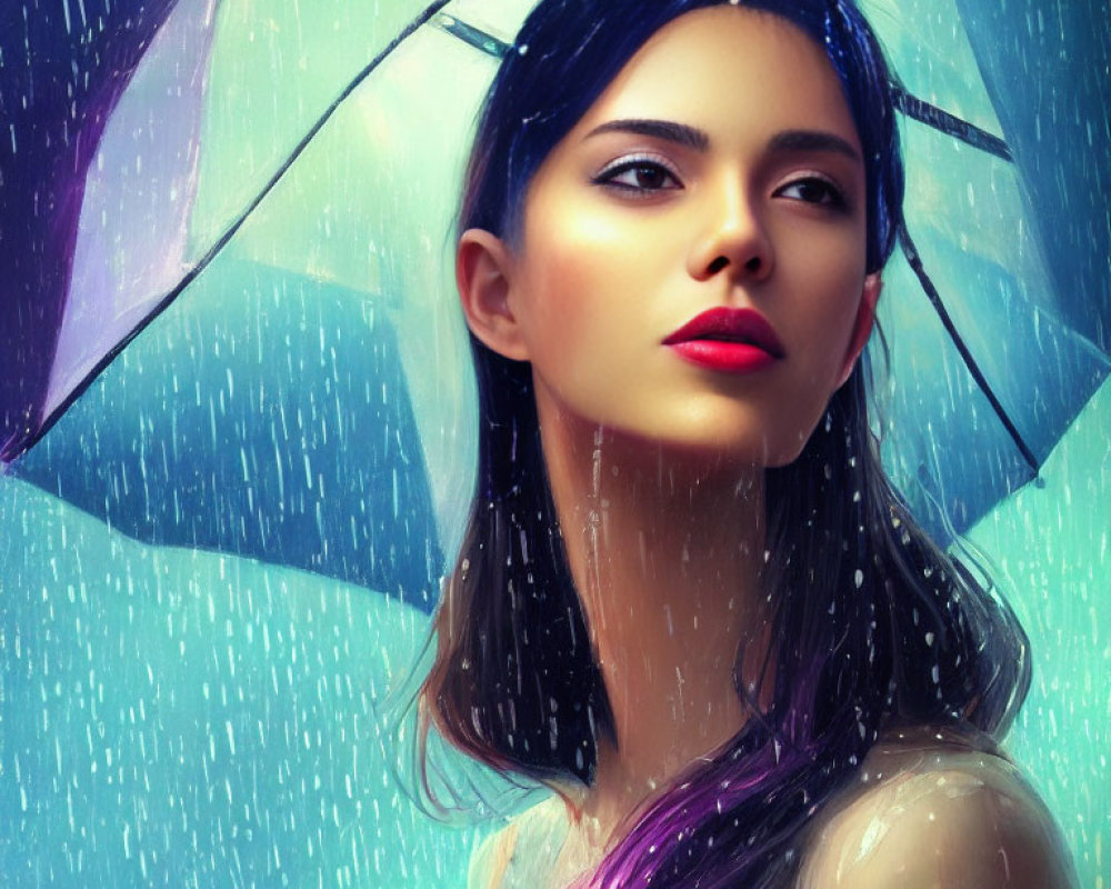 Woman with red lipstick and blue umbrella in the rain with water droplets.