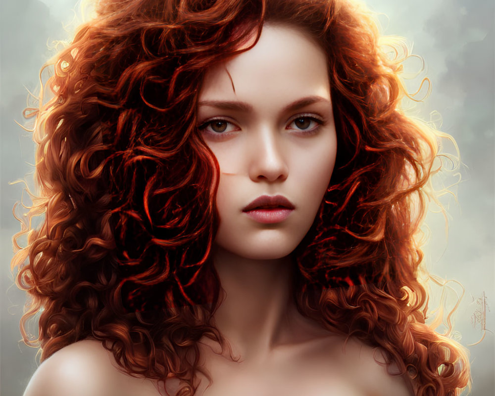 Vivid digital portrait of a woman with curly red hair